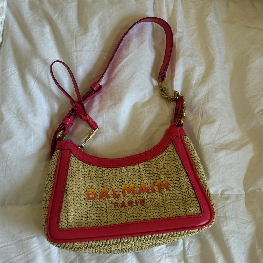 Balmain Straw Shoulder Bag with Bright Pink Trim